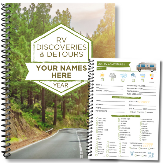 Personalized RV travel journal and custom camping logbook to track road trips, campsites, and memories. This RV life trip planner and adventure log makes a thoughtful gift for couples, retirees, and campers. A unique travel memory book and camping gift idea for RV enthusiasts.