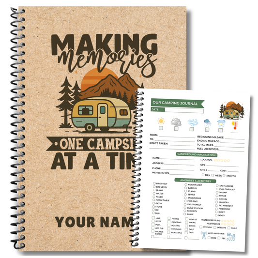 Personalized Camping Journal – Custom RV Logbook with Prompts, Spiral Bound or Hardcover. Track Campsites, Weather, Gear, Meals & More. Printable Packing List, Expense Tracker, Recipe Cards. Ideal for RV Owners, Campers & Travelers.