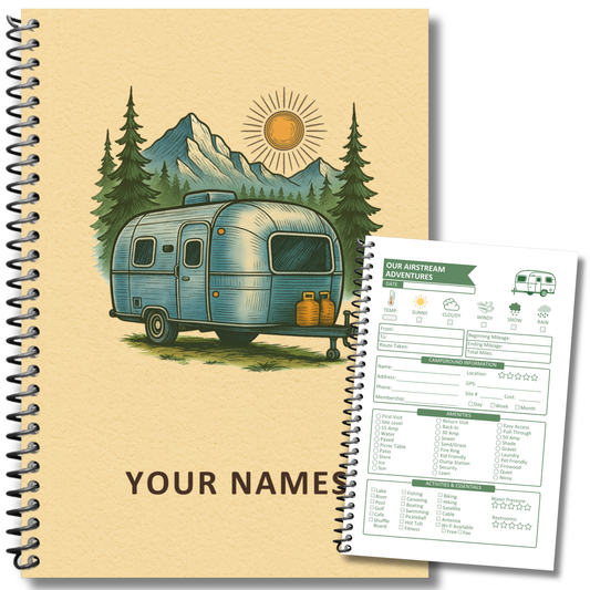 Capture every adventure in style with this Airstream RV Journal and Camping Logbook. Easily record campsite details, track mileage, plan meals, and document every RV trip. Thoughtfully designed with vintage-inspired details, this travel trailer memory book is the perfect keepsake for Airstream owners, full-time RVers, and camping enthusiasts who believe every mile is worth remembering.