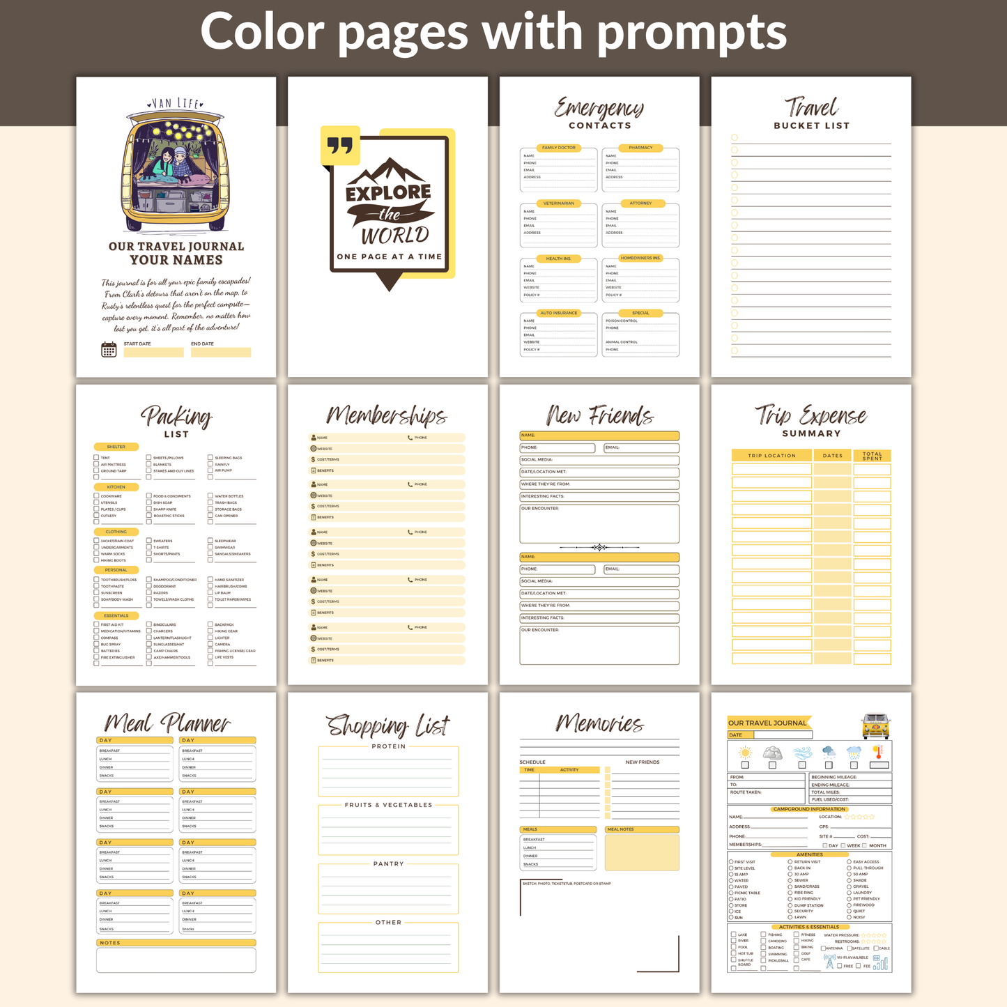 Personalized Van Life Journal with custom cover, travel logbook pages, trip planner, maintenance checklist, and memory sections for RV and road trip adventures.