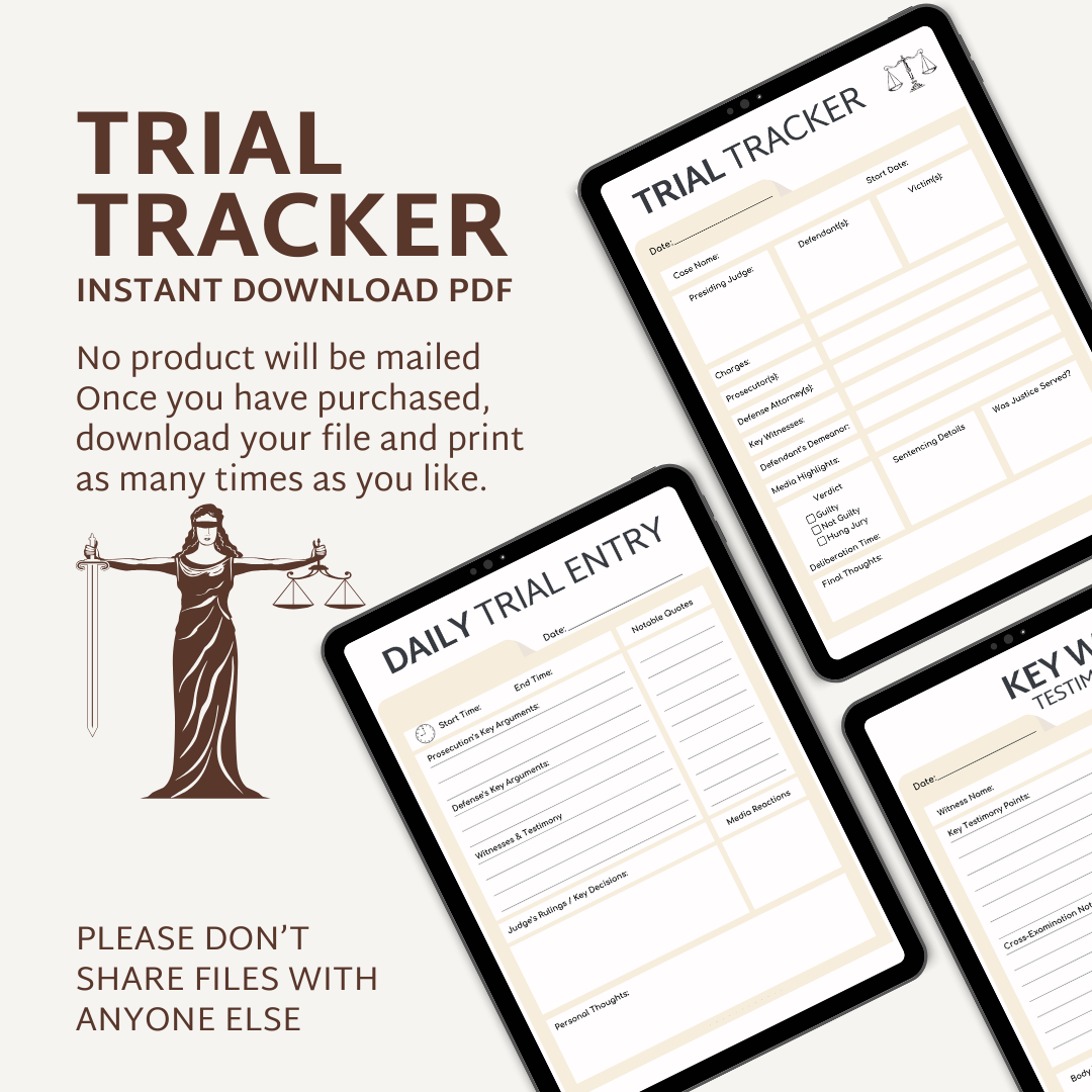 Legal case
True crime checklist
Trial tracker
Verdict tracker
Murder mystery
True Crime junkie
Crime documentary
Law and Order
Justice system
Court case
Court tv fan
Law student
Criminal justice