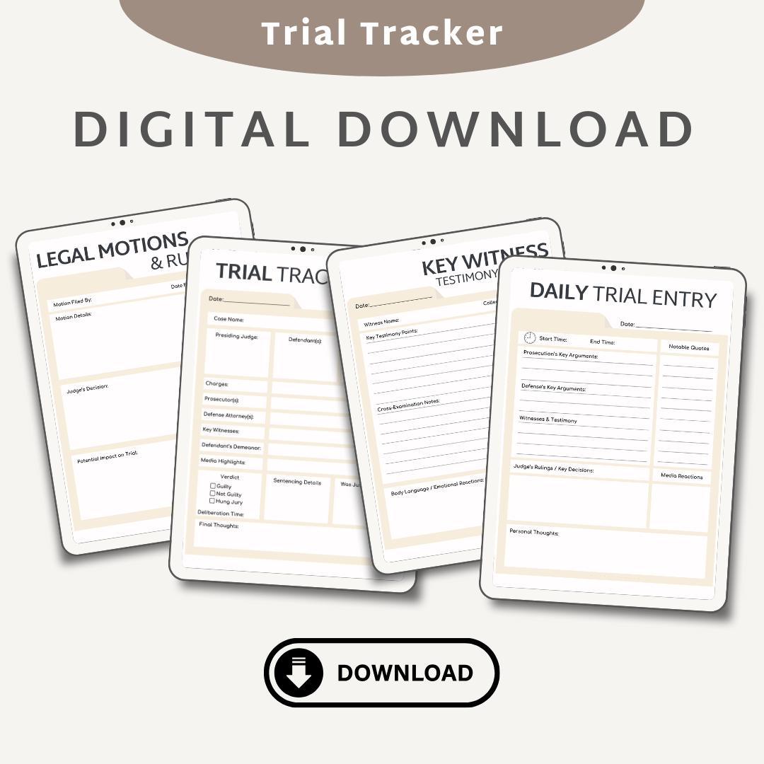 Legal case
True crime checklist
Trial tracker
Verdict tracker
Murder mystery
True Crime junkie
Crime documentary
Law and Order
Justice system
Court case
Court tv fan
Law student
Criminal justice