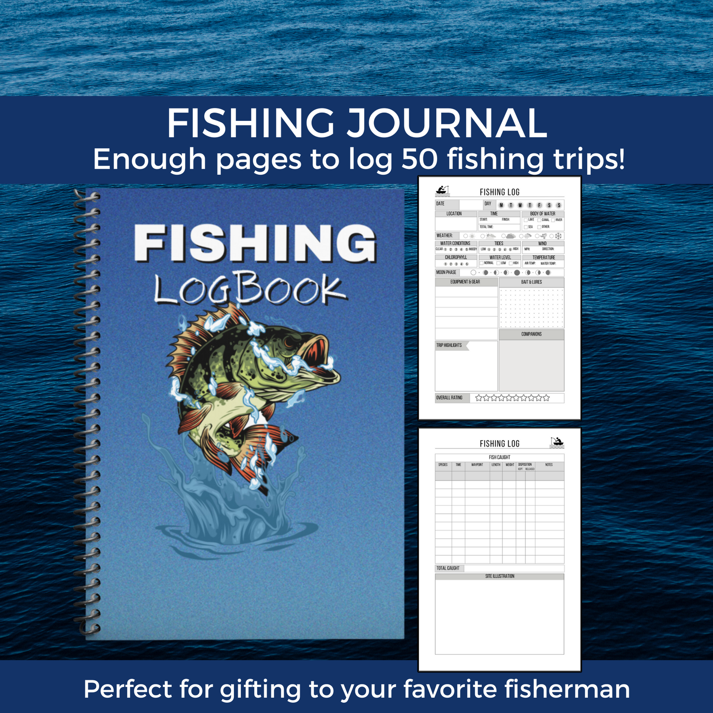 Fishing logbook journal with spiral binding, designed for anglers to record fishing trips, track catches, weather, water conditions, bait, gear, and trip highlights. Perfect tool for fishermen to preserve memories, improve success, and organize adventures. Makes a thoughtful fishing gift for dads, grandpas, and outdoor enthusiasts.