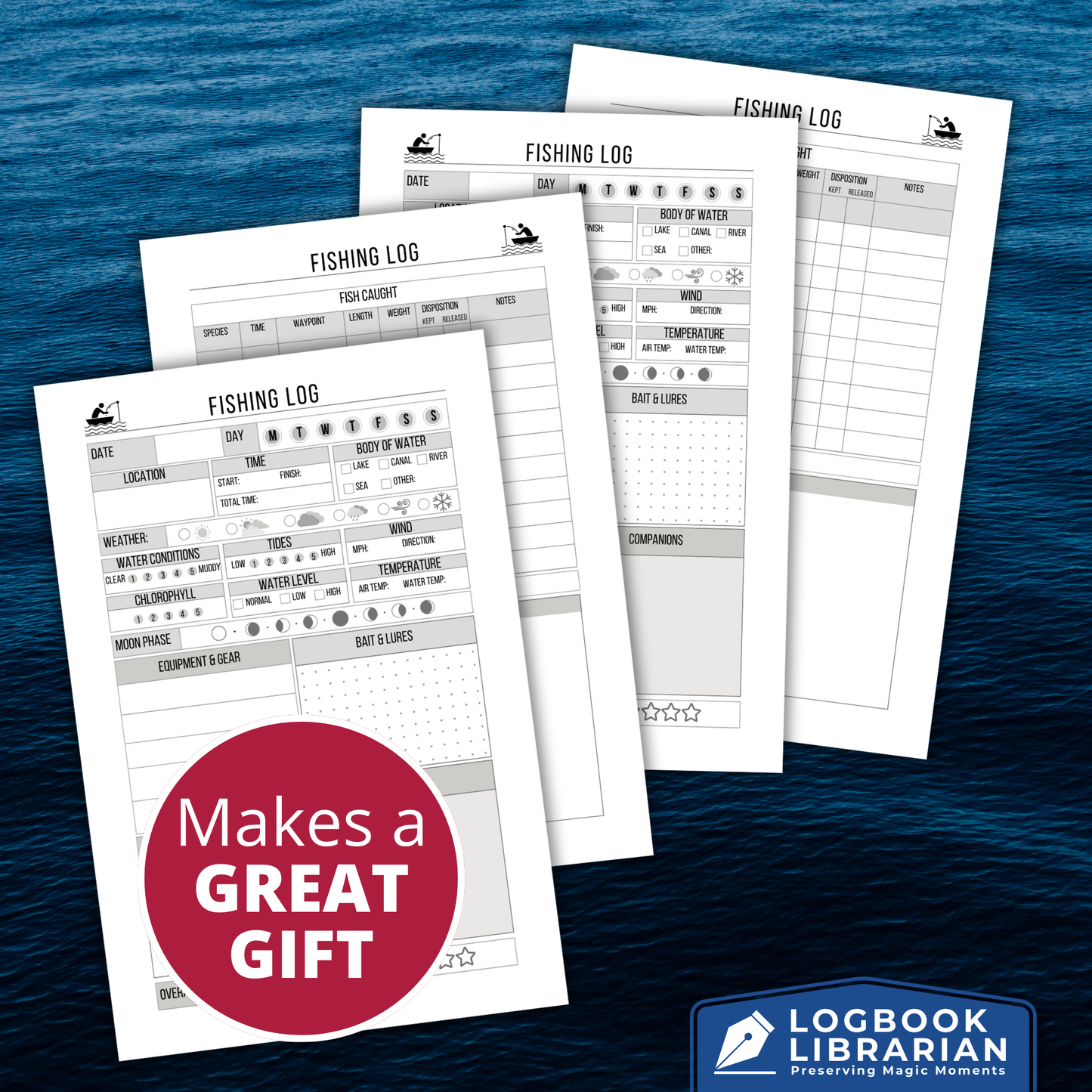 Fishing logbook journal with spiral binding, designed for anglers to record fishing trips, track catches, weather, water conditions, bait, gear, and trip highlights. Perfect tool for fishermen to preserve memories, improve success, and organize adventures. Makes a thoughtful fishing gift for dads, grandpas, and outdoor enthusiasts.