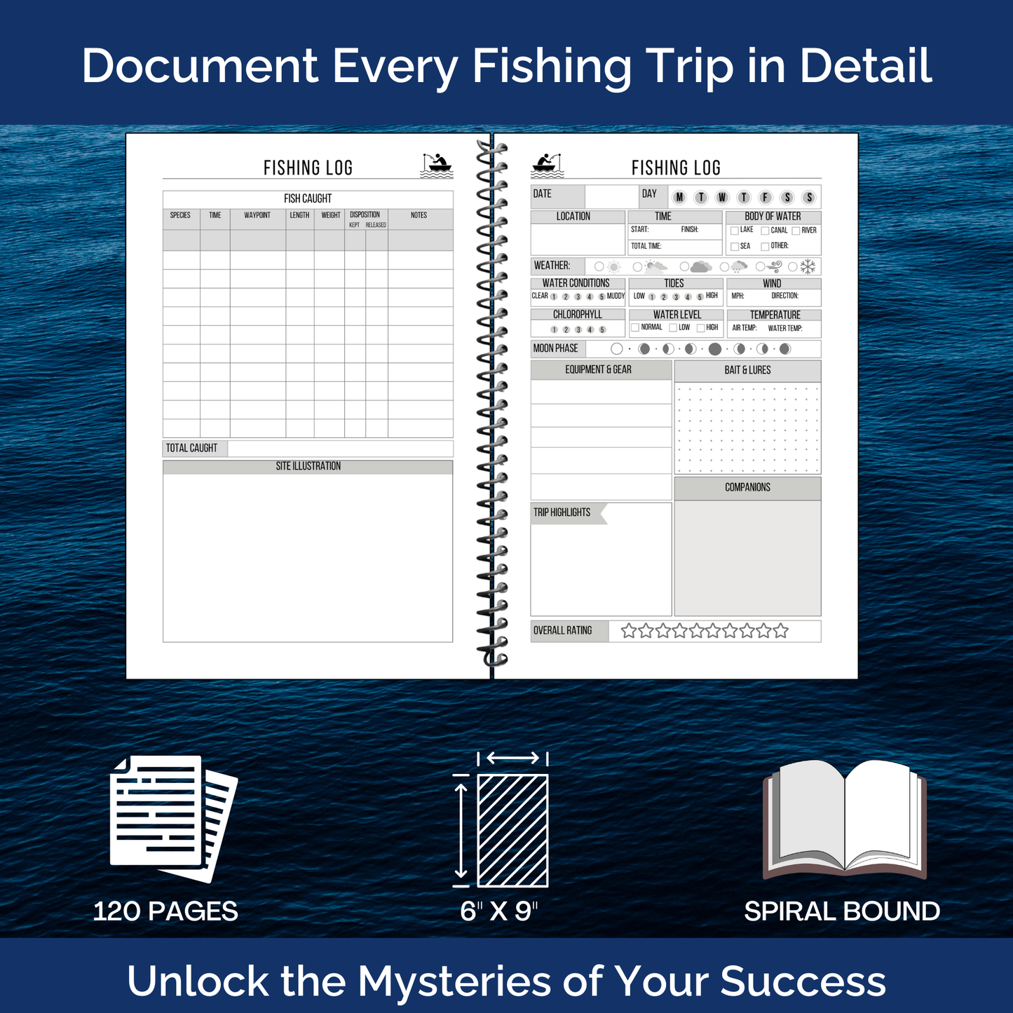 Fishing logbook journal with spiral binding, designed for anglers to record fishing trips, track catches, weather, water conditions, bait, gear, and trip highlights. Perfect tool for fishermen to preserve memories, improve success, and organize adventures. Makes a thoughtful fishing gift for dads, grandpas, and outdoor enthusiasts.