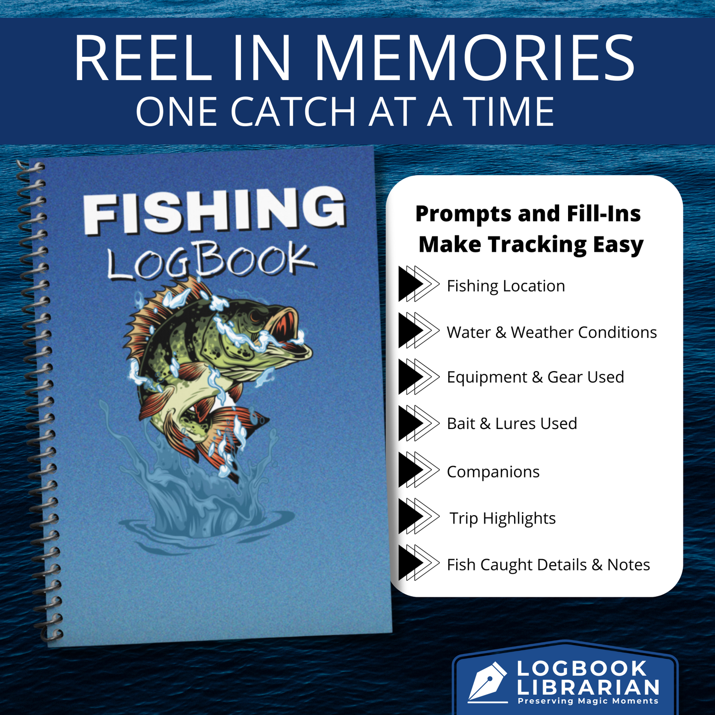 Fishing logbook journal with spiral binding, designed for anglers to record fishing trips, track catches, weather, water conditions, bait, gear, and trip highlights. Perfect tool for fishermen to preserve memories, improve success, and organize adventures. Makes a thoughtful fishing gift for dads, grandpas, and outdoor enthusiasts.
