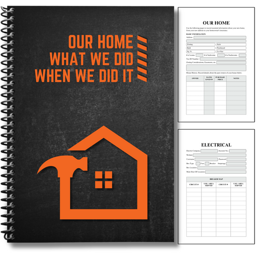 home maintenance log, home repair journal, home improvement tracker, house project planner, maintenance checklist, diy home planner, renovation planner, appliance log book, house repair tracker, track home repairs, new homeowner gift, housewarming book, real estate closing gift, spiral home log, house project log, custom home binder, home binder book, homeowner gift, new home gift, gift for homeowner, first time homeowner, household planner, appliance tracker, property maintenance, property repair tracker,