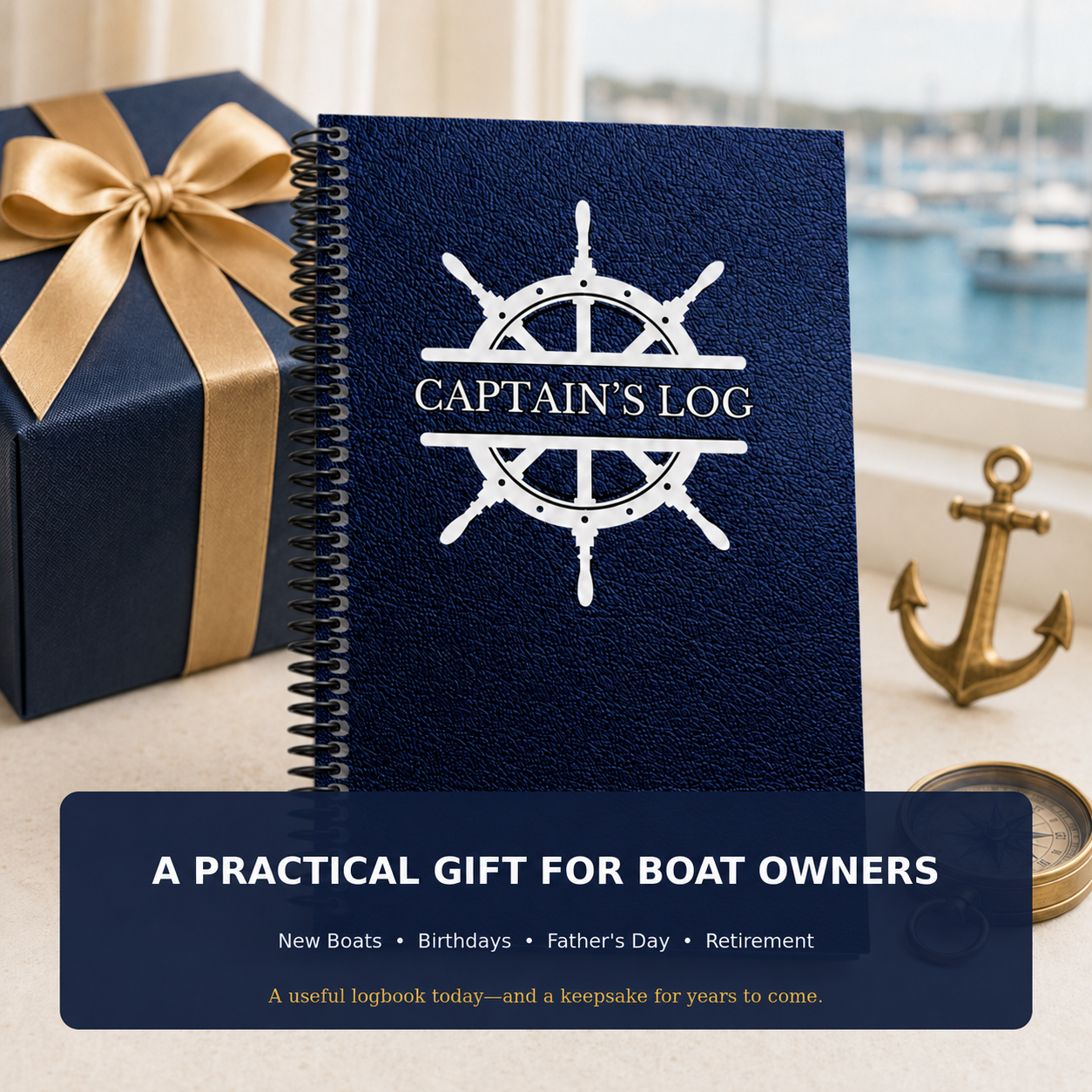 Spiral-bound Captain’s Logbook displayed with a gift box and nautical accents as a practical gift for boat owners, captains and new boat celebrations.