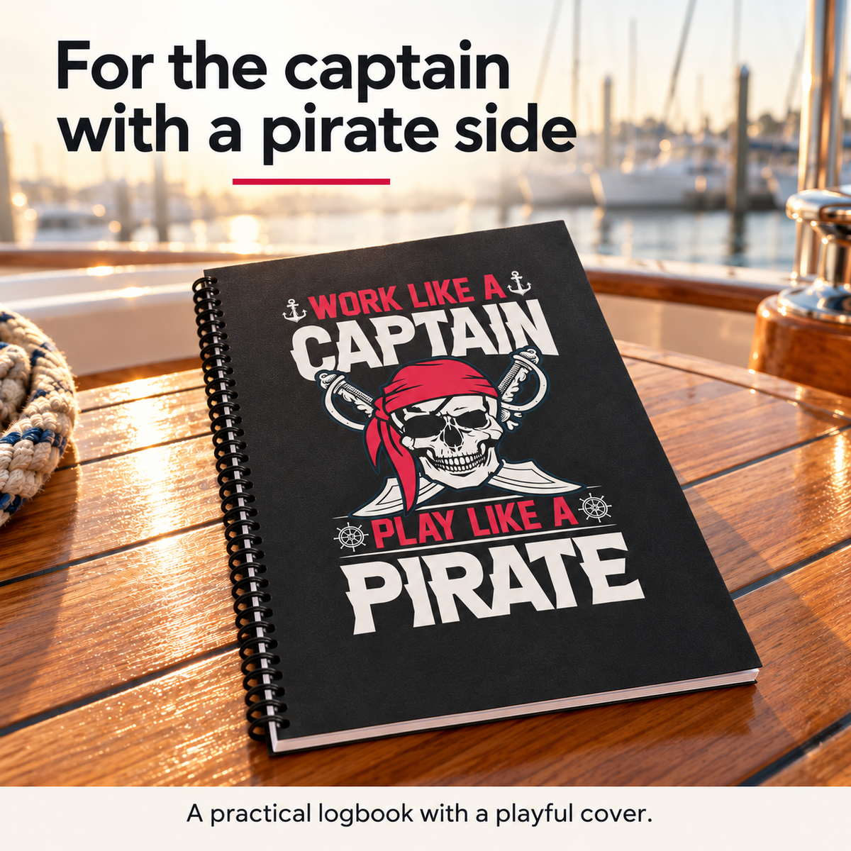 Spiral pirate captain’s logbook on a sunlit wooden boat table overlooking a marina, with sailboats in the background and the heading “For the captain with a pirate side.”