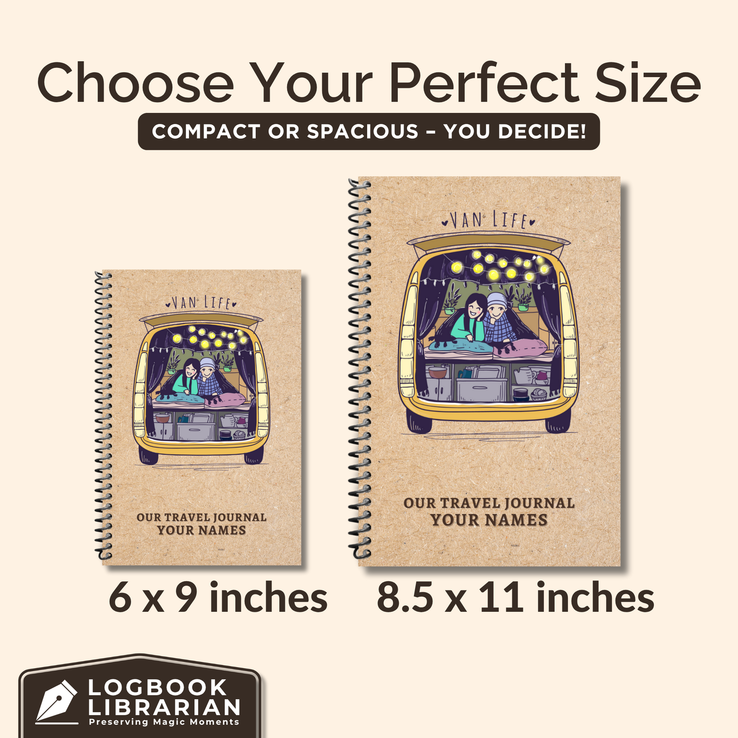 Personalized Van Life Journal with custom cover, travel logbook pages, trip planner, maintenance checklist, and memory sections for RV and road trip adventures.
