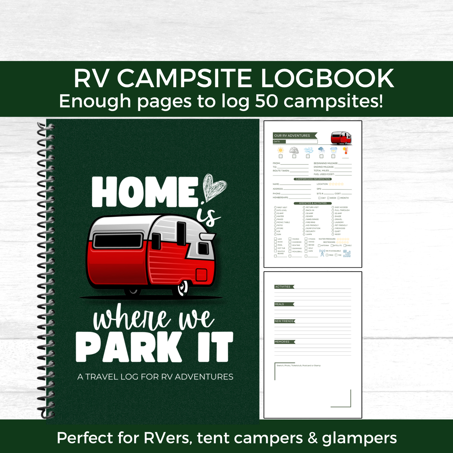 This RV travel journal and personalized road trip log book is perfect for RVers, campers, and motorhome owners who want to capture every adventure. Featuring detailed RV trip planner pages, campground logs, packing lists, checklists, and campsite trackers, this unique RV journal makes an ideal gift for couples, retirees, and anyone living the full-time RV lifestyle