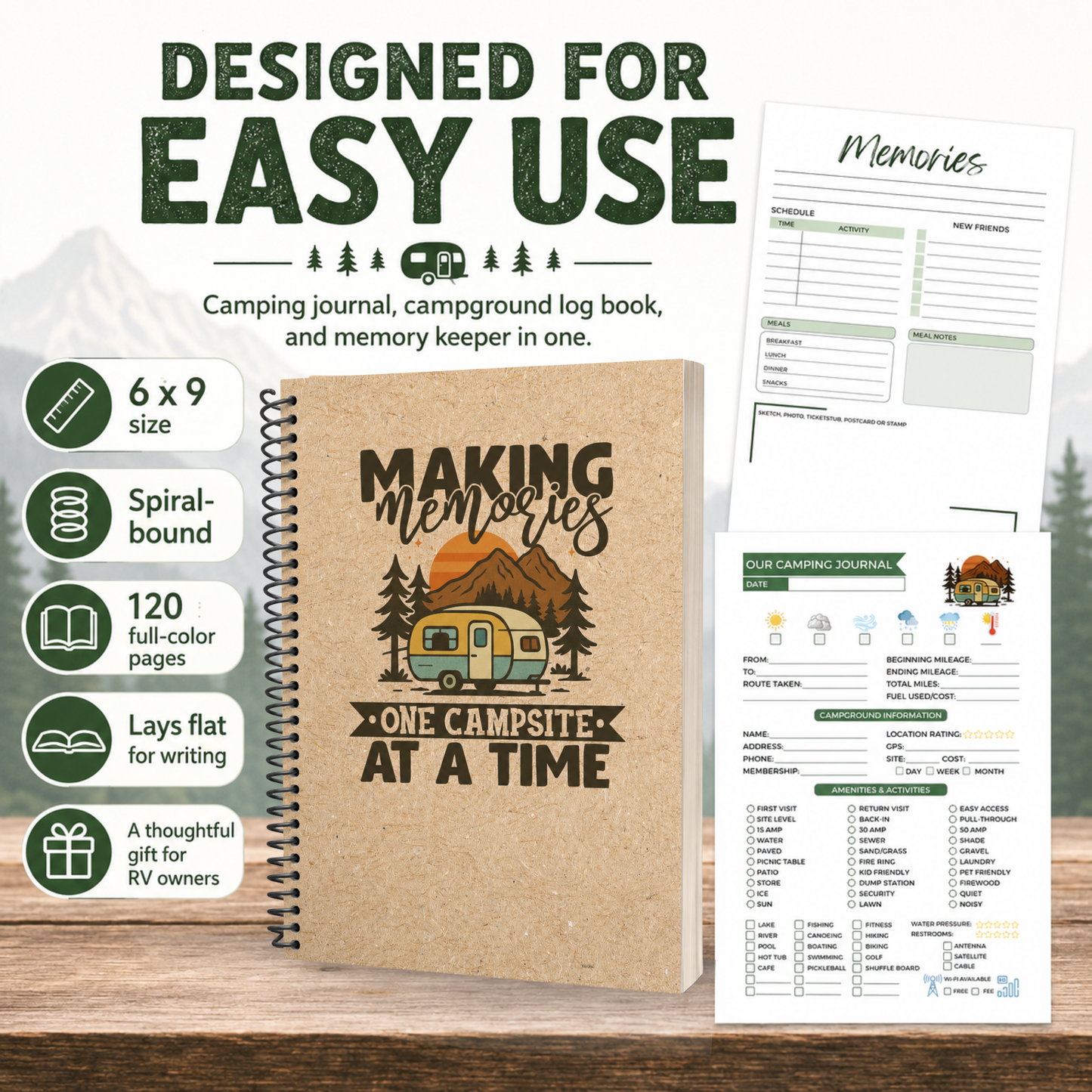 A full-color RV camping journal with 50 complete campground spreads for recording travel details, campground information, amenities, ratings, meals, memories, and keepsakes.