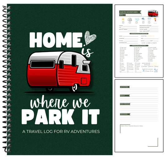 This RV travel journal and personalized road trip log book is perfect for RVers, campers, and motorhome owners who want to capture every adventure. Featuring detailed RV trip planner pages, campground logs, packing lists, checklists, and campsite trackers, this unique RV journal makes an ideal gift for couples, retirees, and anyone living the full-time RV lifestyle