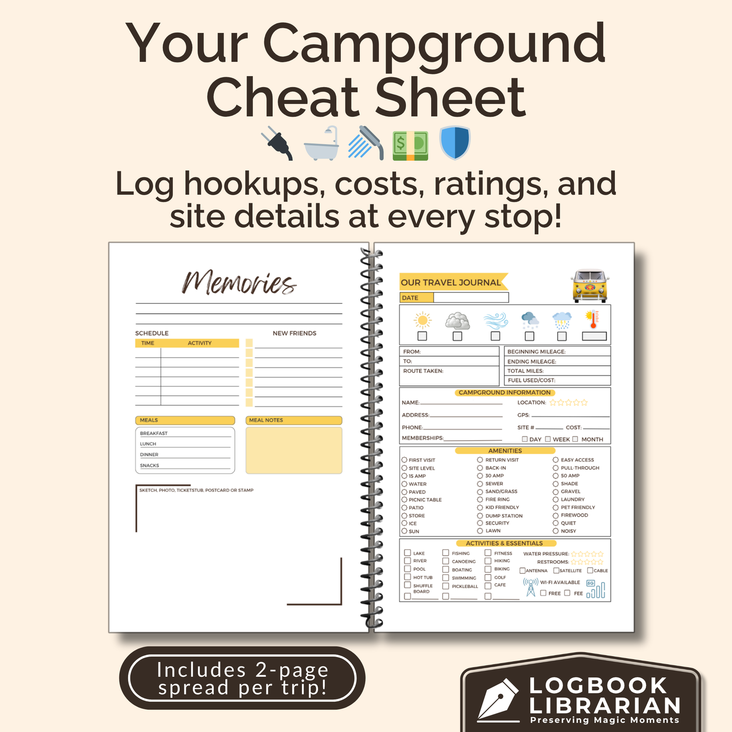 Personalized Van Life Journal with custom cover, travel logbook pages, trip planner, maintenance checklist, and memory sections for RV and road trip adventures.