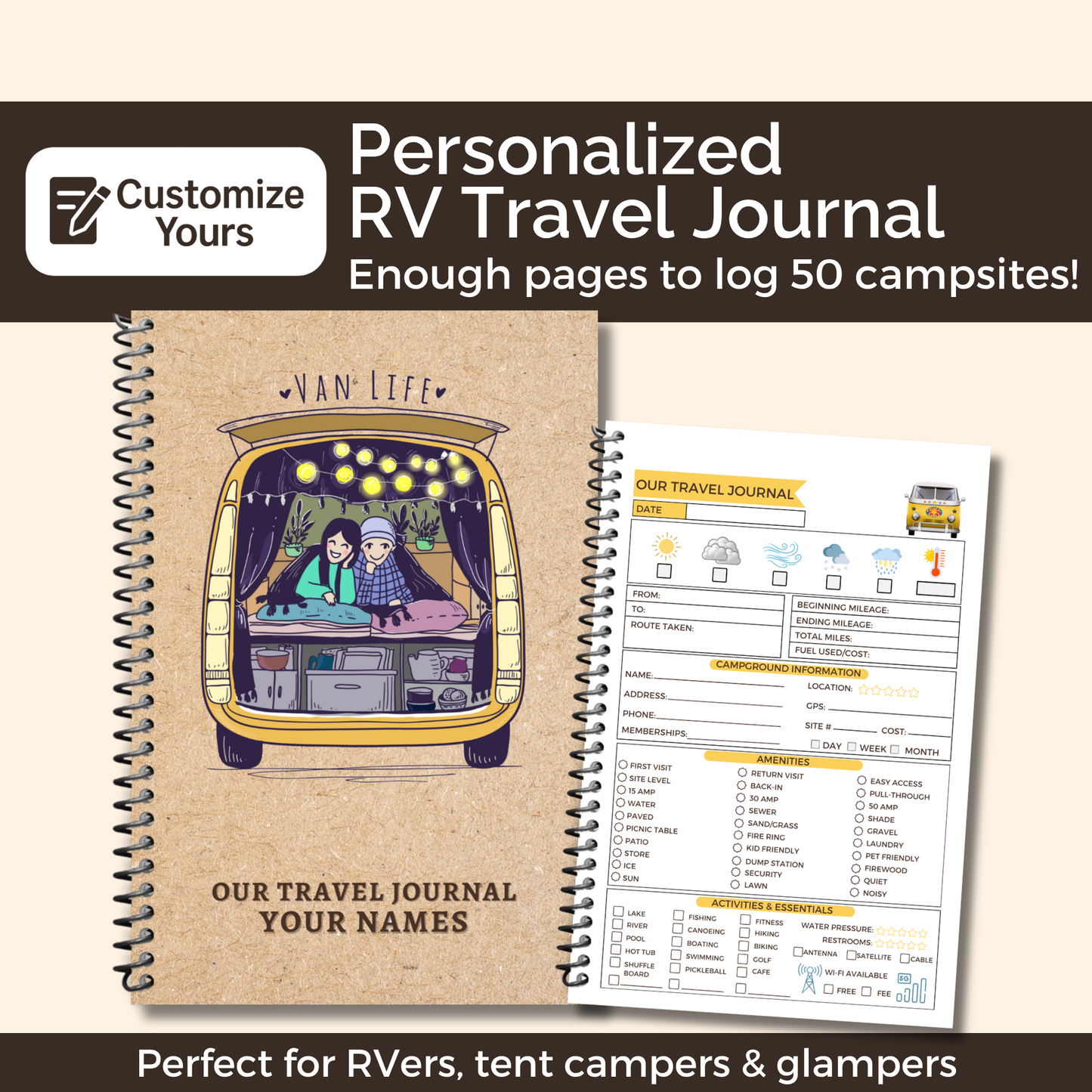 Personalized Van Life Journal with custom cover, travel logbook pages, trip planner, maintenance checklist, and memory sections for RV and road trip adventures.