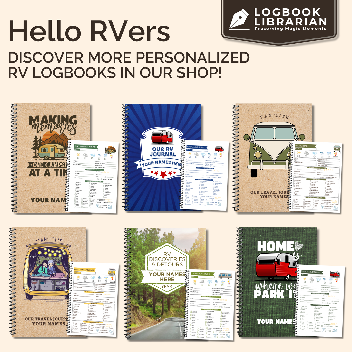 Personalized Van Life Journal with custom cover, travel logbook pages, trip planner, maintenance checklist, and memory sections for RV and road trip adventures.
