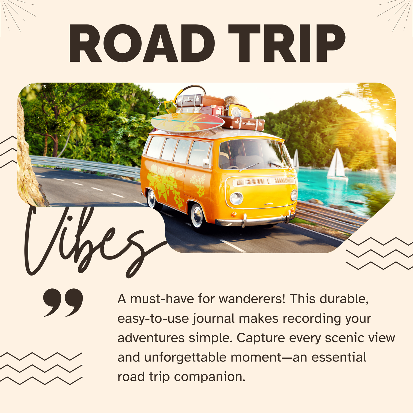 Personalized Van Life Journal with custom cover, travel logbook pages, trip planner, maintenance checklist, and memory sections for RV and road trip adventures.