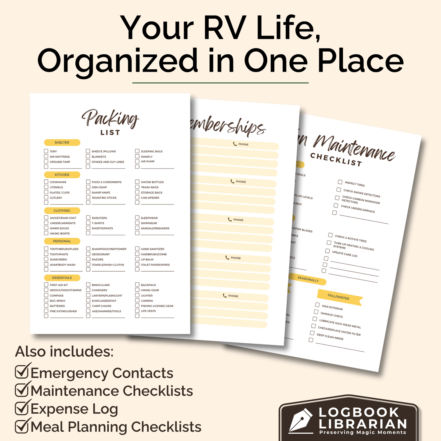 Personalized Van Life Journal with custom cover, travel logbook pages, trip planner, maintenance checklist, and memory sections for RV and road trip adventures.