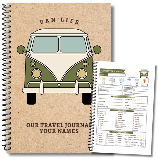 Personalized Van Life RV travel journal and custom camping logbook to track road trips, campsites, and memories. This RV life trip planner and adventure log makes a thoughtful gift for couples, retirees, and campers. A unique travel memory book and camping gift idea for Vanlife RV enthusiasts.