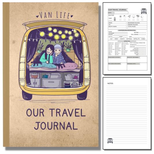 Van Life Travel Journal with illustrated camper van cover and detailed trip planner pages to log campsites, activities, memories, and RV adventures.
