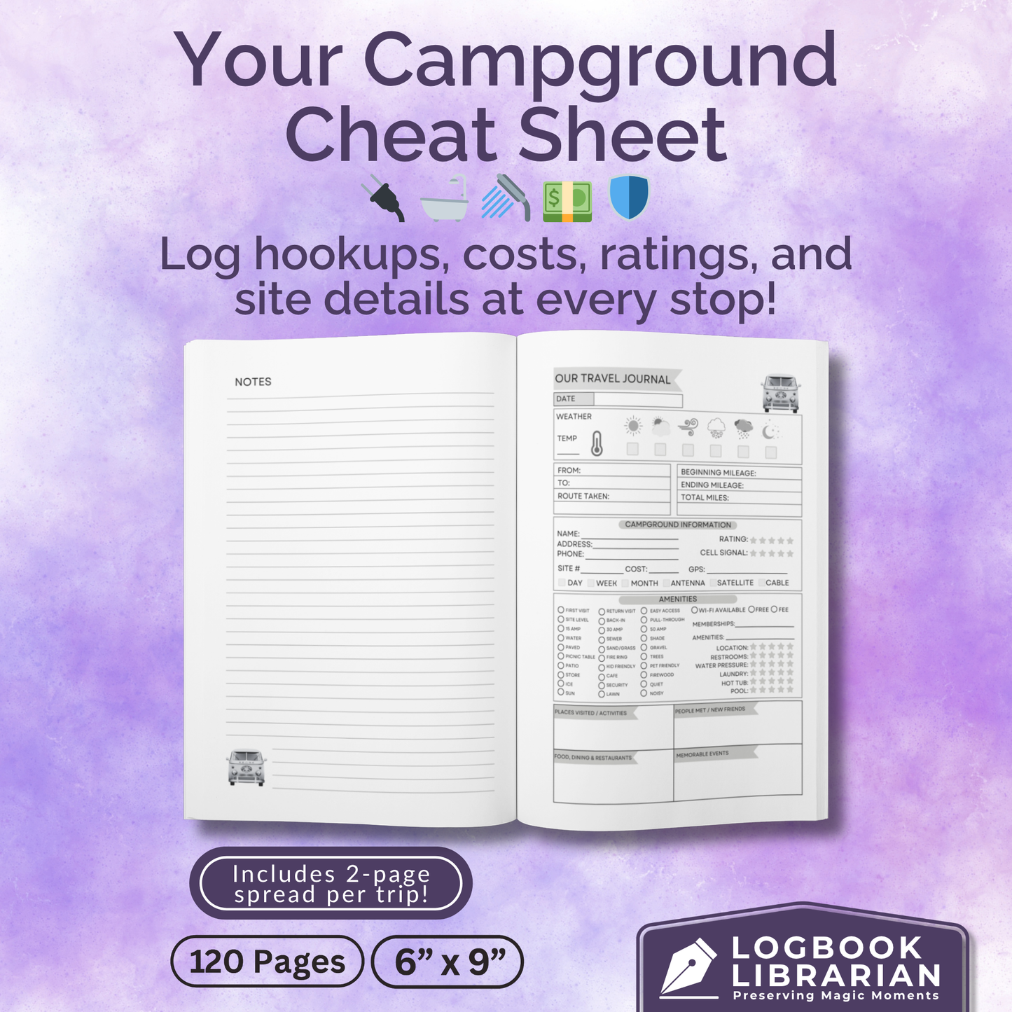 Van Life Travel Journal with illustrated camper van cover and detailed trip planner pages to log campsites, activities, memories, and RV adventures.