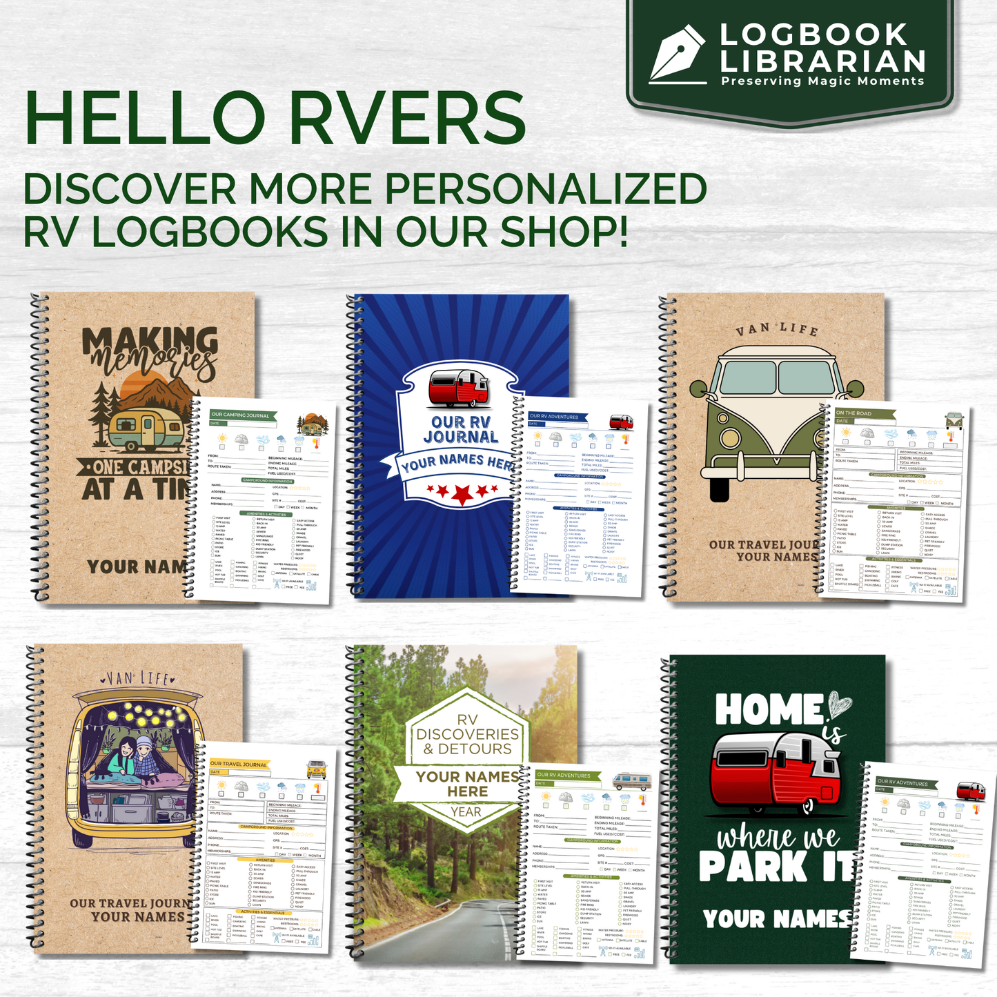 This RV travel journal and personalized road trip log book is perfect for RVers, campers, and motorhome owners who want to capture every adventure. Featuring detailed RV trip planner pages, campground logs, packing lists, checklists, and campsite trackers, this unique RV journal makes an ideal gift for couples, retirees, and anyone living the full-time RV lifestyle