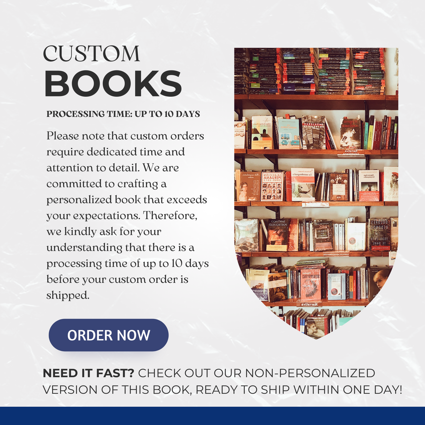 Custom Books Processing: Image of a bookshelf filled with books, highlighting custom orders for Captain's log books. Processing time up to 10 days. Perfect for personalized gifts for boat captains.