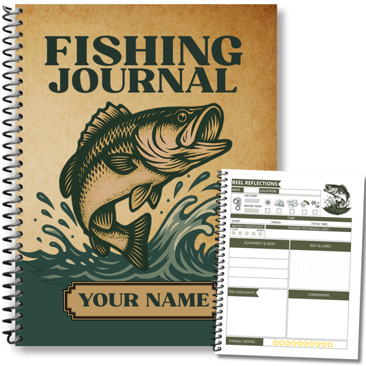 Personalized fishing journal and logbook to record fishing trips, catches, locations, weather, gear, and memories – great gift for fishermen, bass fishing, saltwater fishing, and anglers of all levels.