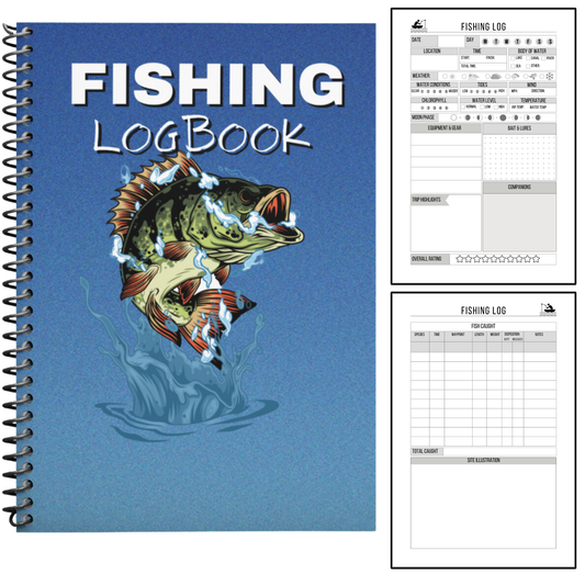 Fishing logbook journal with spiral binding, designed for anglers to record fishing trips, track catches, weather, water conditions, bait, gear, and trip highlights. Perfect tool for fishermen to preserve memories, improve success, and organize adventures. Makes a thoughtful fishing gift for dads, grandpas, and outdoor enthusiasts.