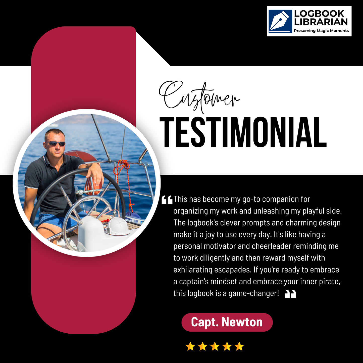 Customer Testimonial for Logbook Librarian - Personalized Nautical Diaries and Captains Log Books with Five-Star Reviews