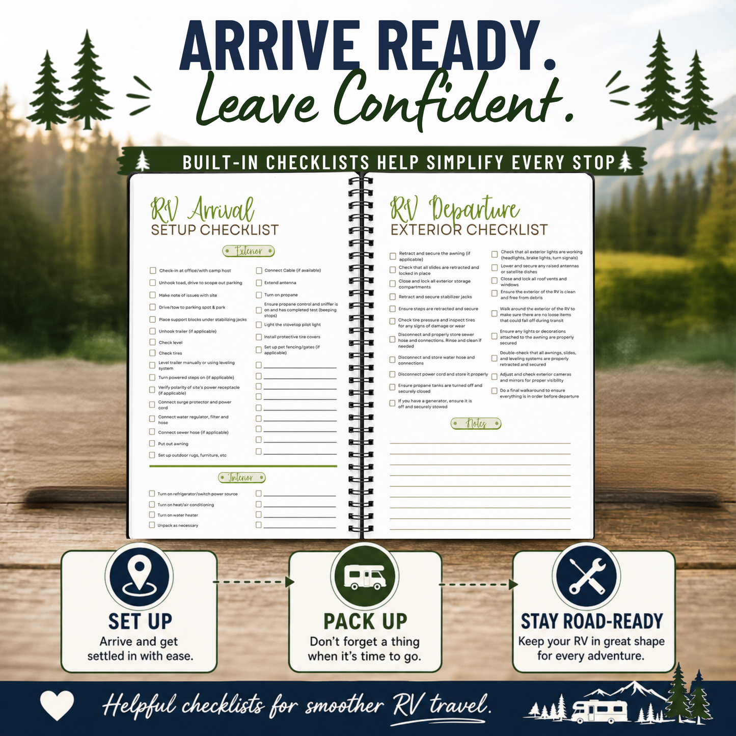 RV arrival and departure checklists for campsite setup, packing up and staying road-ready