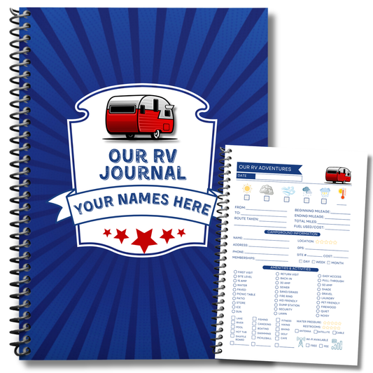 This RV travel journal and personalized road trip log book is perfect for RVers, campers, and motorhome owners who want to capture every adventure. Featuring detailed RV trip planner pages, campground logs, packing lists, checklists, and campsite trackers, this unique RV journal makes an ideal gift for couples, retirees, and anyone living the full-time RV lifestyle. Keep your memories organized and preserved in this custom RV log book designed for unforgettable road trips across the USA.