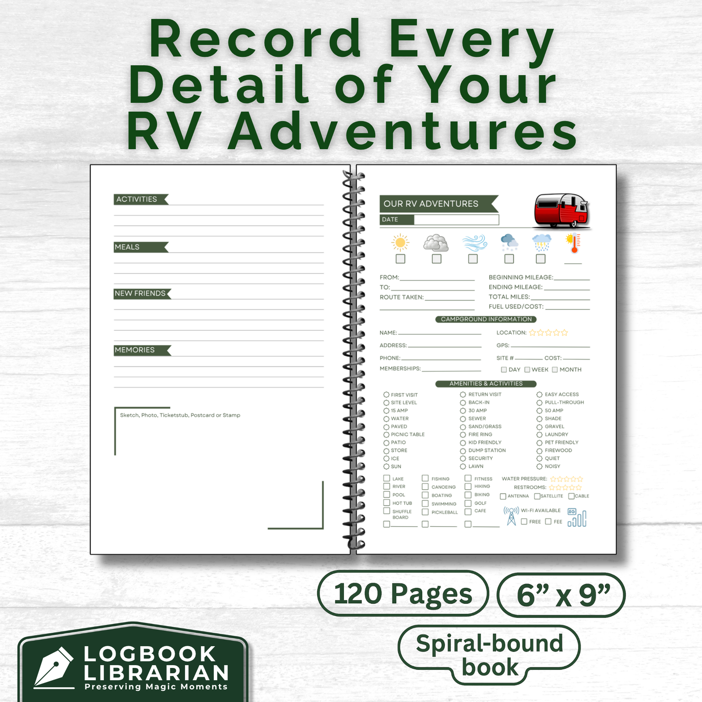 This RV travel journal and personalized road trip log book is perfect for RVers, campers, and motorhome owners who want to capture every adventure. Featuring detailed RV trip planner pages, campground logs, packing lists, checklists, and campsite trackers, this unique RV journal makes an ideal gift for couples, retirees, and anyone living the full-time RV lifestyle