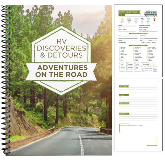 RV travel journal and camping logbook to track road trips, campsites, and memories. This RV life trip planner and adventure log makes a thoughtful gift for couples, retirees, and campers. A unique travel memory book and camping gift idea for RV enthusiasts.