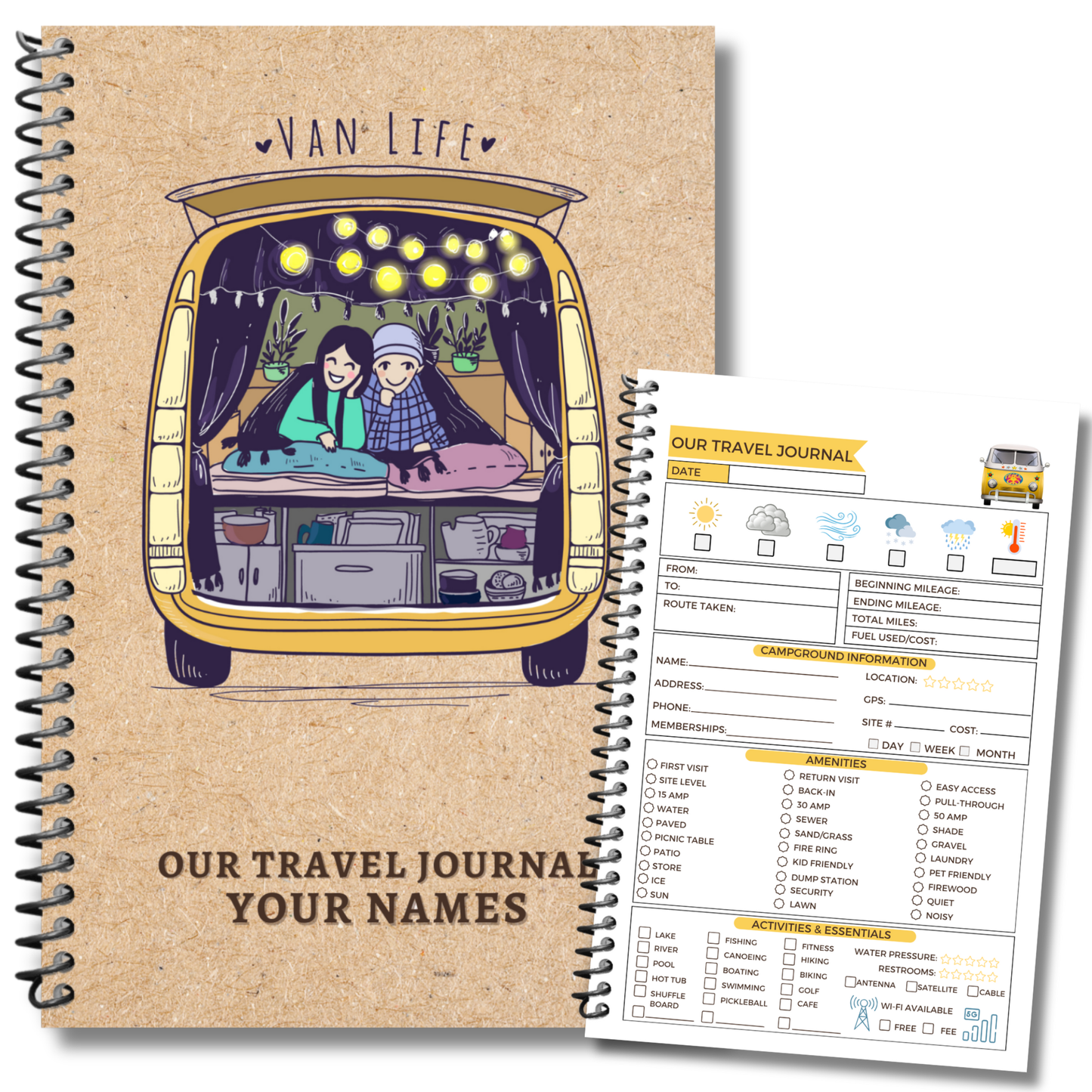 Personalized Van Life Journal with custom cover, travel logbook pages, trip planner, maintenance checklist, and memory sections for RV and road trip adventures.