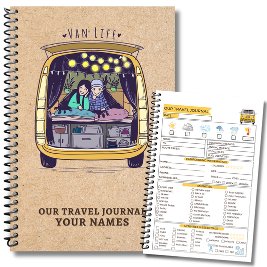 Personalized Van Life Journal with custom cover, travel logbook pages, trip planner, maintenance checklist, and memory sections for RV and road trip adventures.