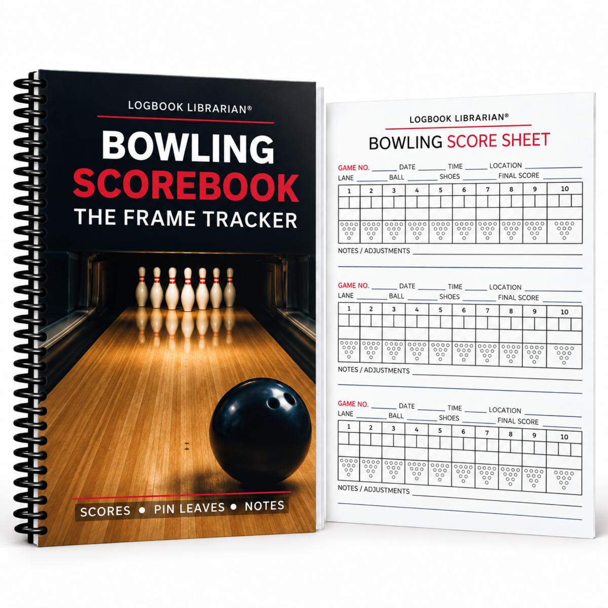 Logbook Librarian’s Frame Tracker bowling scorebook with black spiral binding, bowling lane cover, and a three-game score sheet.