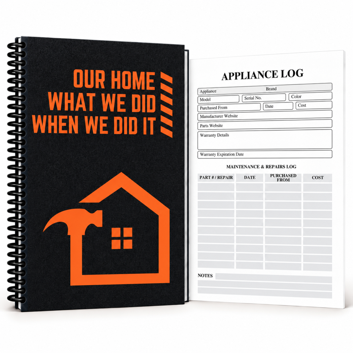 Builder Bold home maintenance log book with a black-and-orange cover, black spiral binding and an appliance log page beside it.