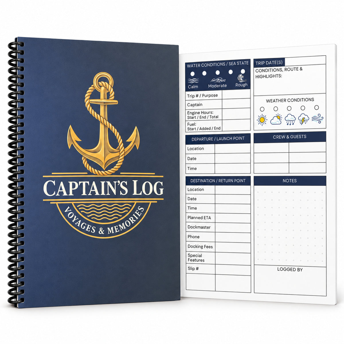 Navy and gold Captain’s Log with a continuous black coil, 50 voyage entries, 120 color pages and a compact 6 by 9 inch format.
