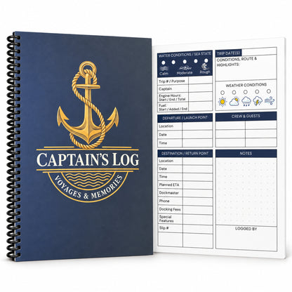 Navy and gold Captain’s Log with a continuous black coil, 50 voyage entries, 120 color pages and a compact 6 by 9 inch format.
