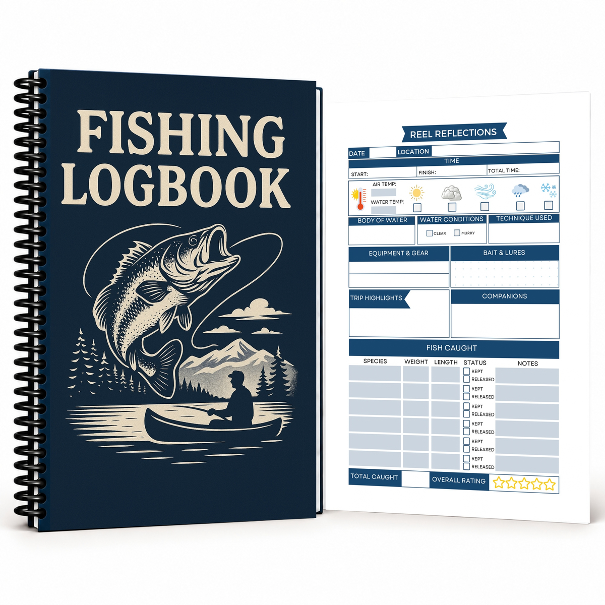 Navy fishing logbook with a cream fish and canoe illustration, black coil binding, and an interior page showing spaces for weather, gear, bait, catches, and trip notes.
