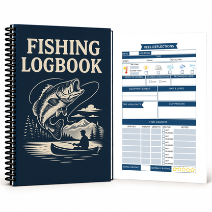 Navy fishing logbook with a cream fish and canoe illustration, black coil binding, and an interior page showing spaces for weather, gear, bait, catches, and trip notes.
