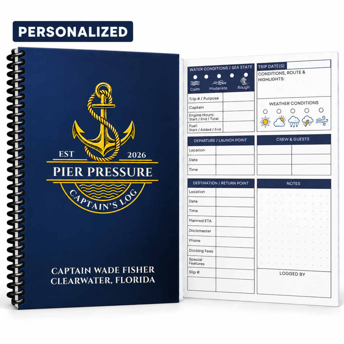 Personalized Captain’s Logbook with a navy and gold anchor cover, black spiral binding and a guided voyage page for weather, routes and crew.