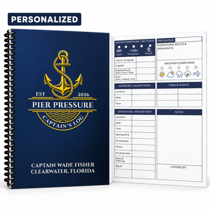 Personalized Captain’s Logbook with a navy and gold anchor cover, black spiral binding and a guided voyage page for weather, routes and crew.