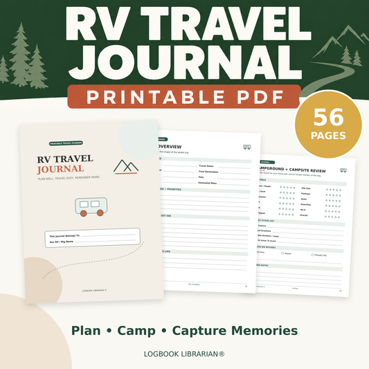 Printable 56-page RV Travel Journal digital download with cover, campground profile and RV adventure page previews by Logbook Librarian®.