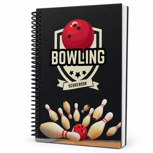 Black 6 x 9 spiral-bound bowling scorebook shown from the front at a slight angle, with a slim 120-page binding, white page edges, red bowling ball and bowling pins cover.