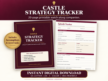 Castle Strategy Tracker cover and sample worksheet from a 20-page Traitors watch-along printable, including Accomplices and secret tasks.