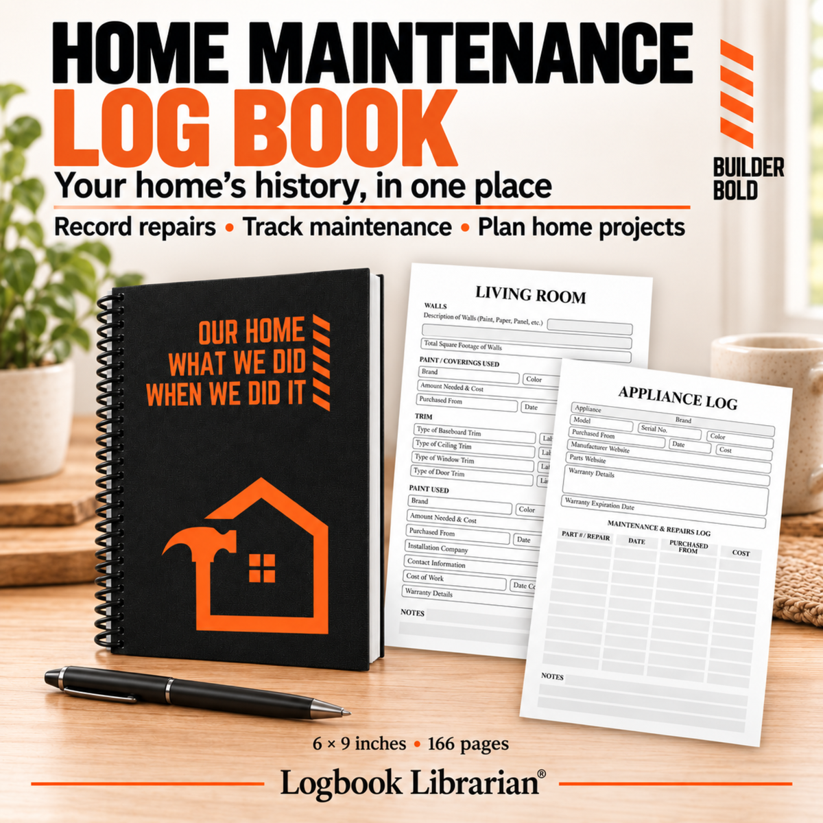 Builder Bold home maintenance log book with living room and appliance page previews for recording repairs, maintenance and home projects.