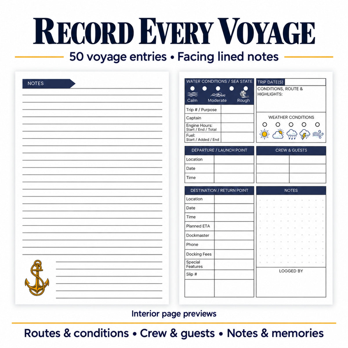 Captain’s Log lined notes page with anchor artwork beside a voyage form for routes, weather, fuel and crew.
