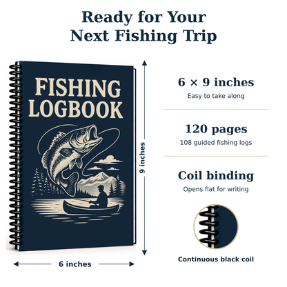 Size diagram of a 6 x 9-inch fishing logbook with 120 pages and 108 guided fishing logs. A close-up highlights the continuous black coil binding, which opens flat for writing.
